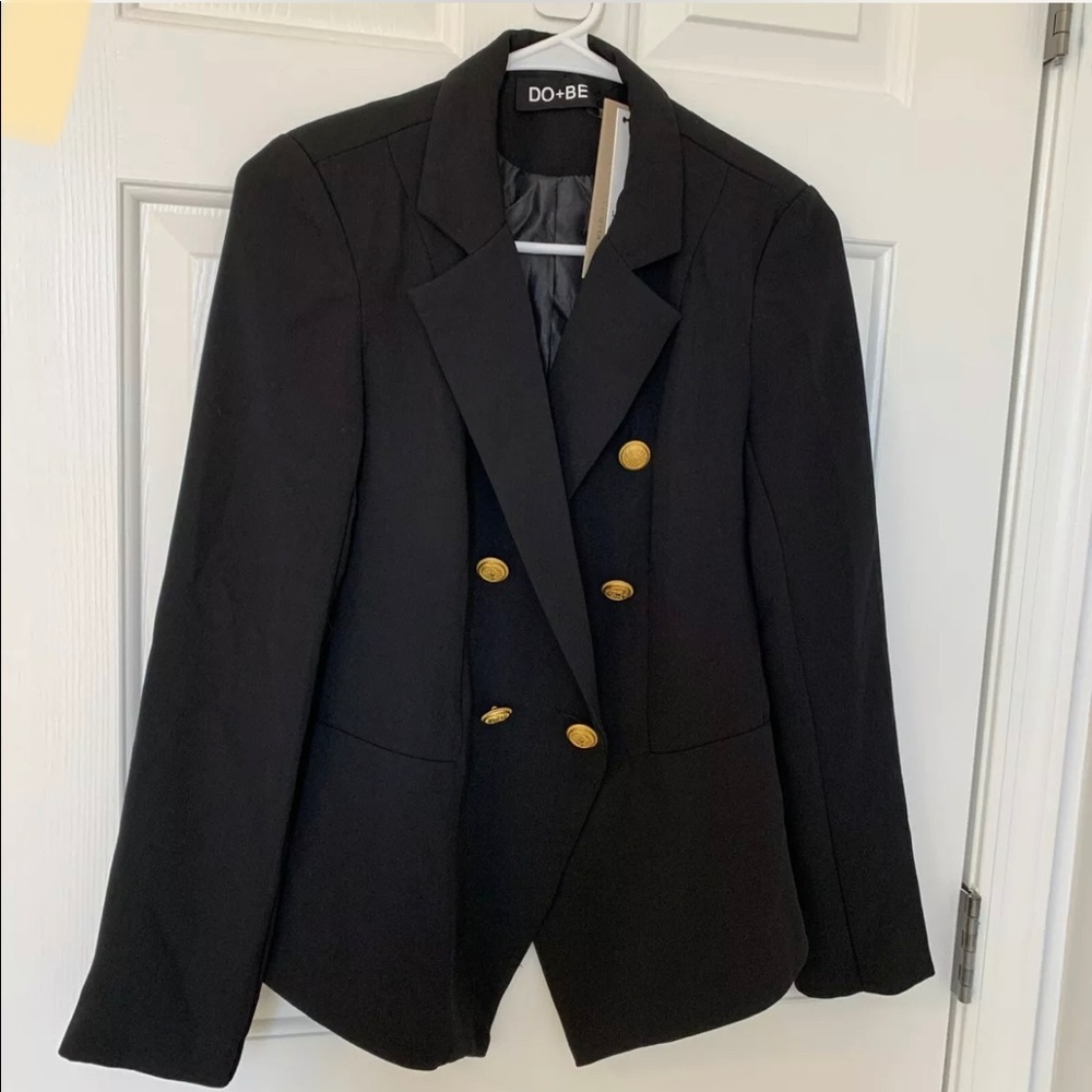 Double Breasted Black Blazer Gold Buttons Gem